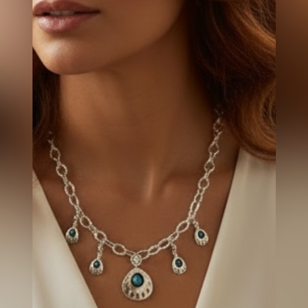 Native American Navajo Style Sterling Silver Turquoise Bear Paw Pendant Necklace